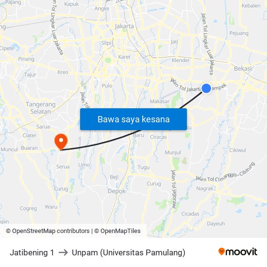 Jatibening 1 to Unpam (Universitas Pamulang) map