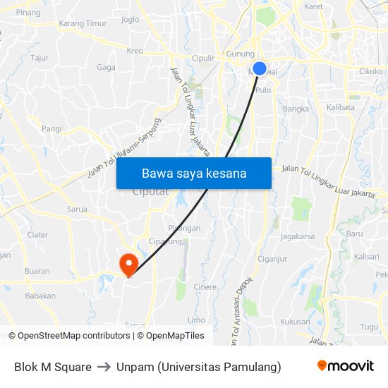 Blok M Square to Unpam (Universitas Pamulang) map