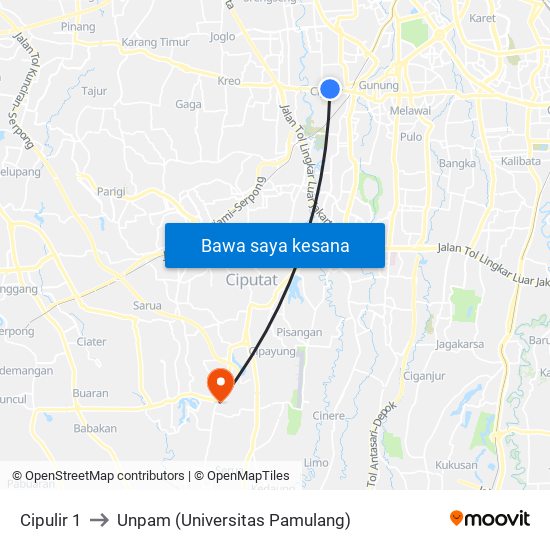 Cipulir 1 to Unpam (Universitas Pamulang) map