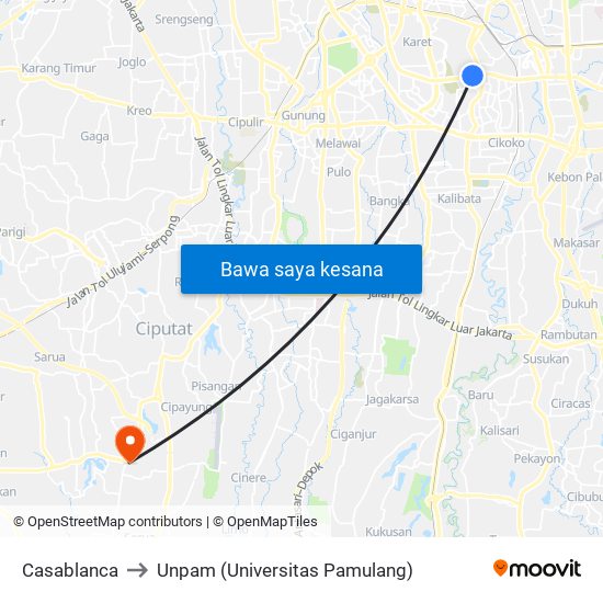 Casablanca to Unpam (Universitas Pamulang) map