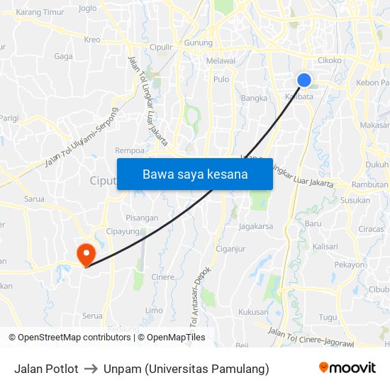 Jalan Potlot to Unpam (Universitas Pamulang) map