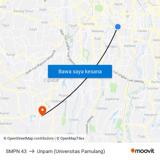 SMPN 43 to Unpam (Universitas Pamulang) map