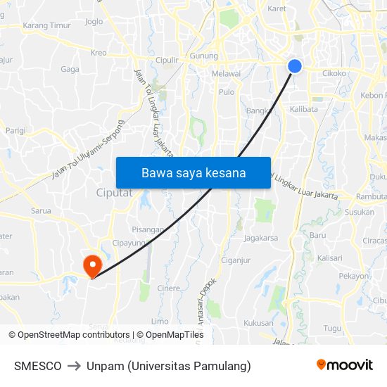 SMESCO to Unpam (Universitas Pamulang) map