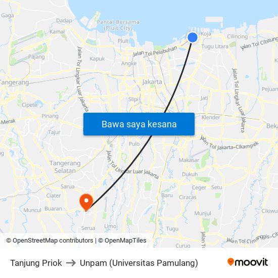 Tanjung Priok to Unpam (Universitas Pamulang) map