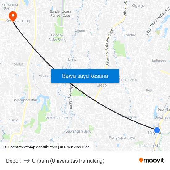 Depok to Unpam (Universitas Pamulang) map