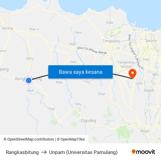 Rangkasbitung to Unpam (Universitas Pamulang) map