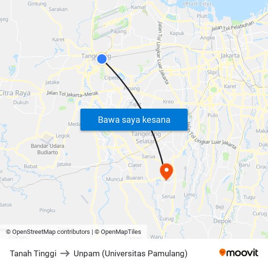 Tanah Tinggi to Unpam (Universitas Pamulang) map