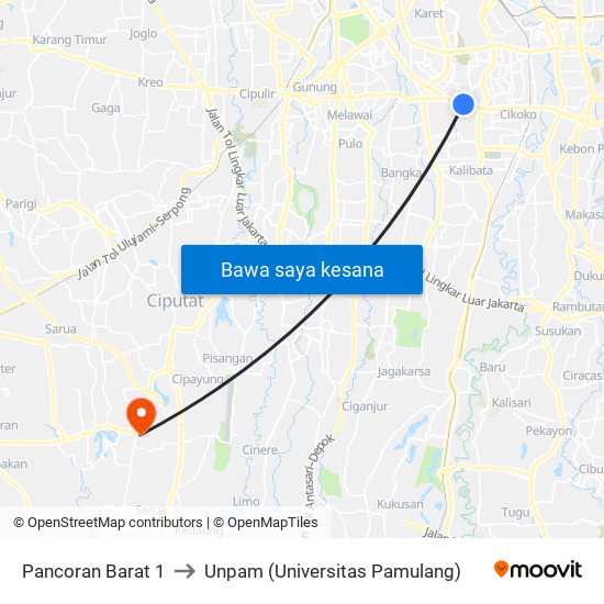 Pancoran Barat 1 to Unpam (Universitas Pamulang) map