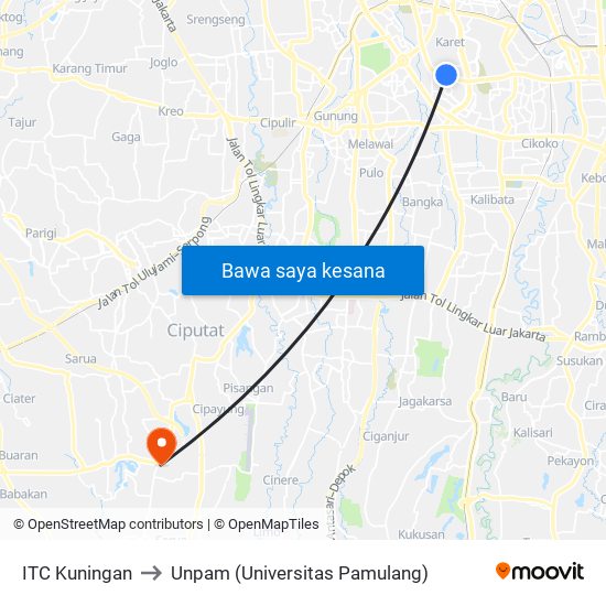 ITC Kuningan to Unpam (Universitas Pamulang) map