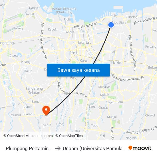 Plumpang Pertamina 1 to Unpam (Universitas Pamulang) map