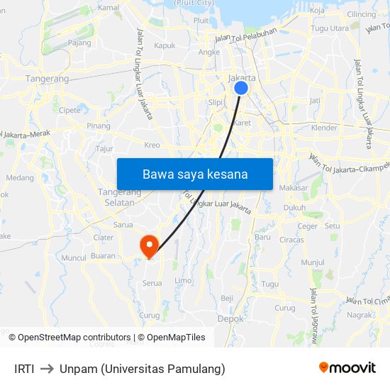 IRTI to Unpam (Universitas Pamulang) map