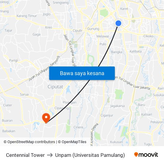 Centennial Tower to Unpam (Universitas Pamulang) map