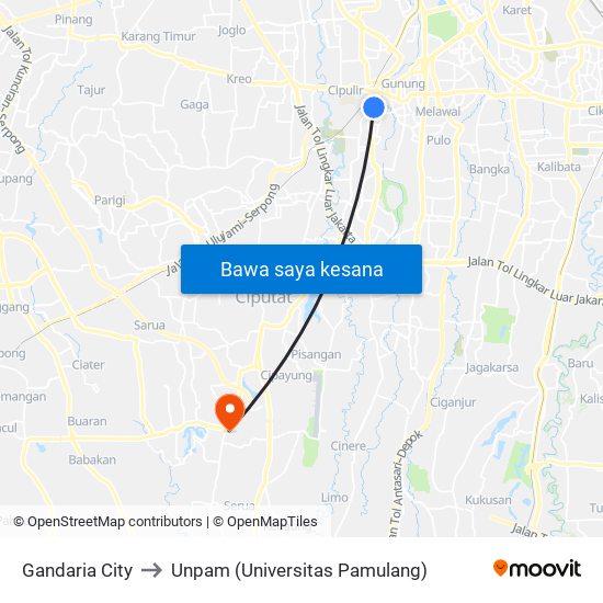 Gandaria City to Unpam (Universitas Pamulang) map