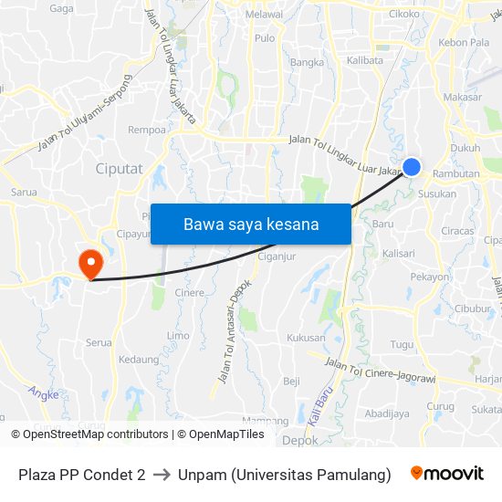 Plaza PP Condet 2 to Unpam (Universitas Pamulang) map
