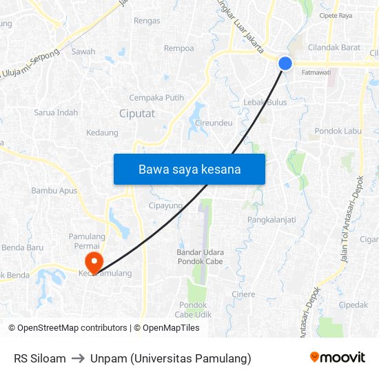 RS Siloam to Unpam (Universitas Pamulang) map