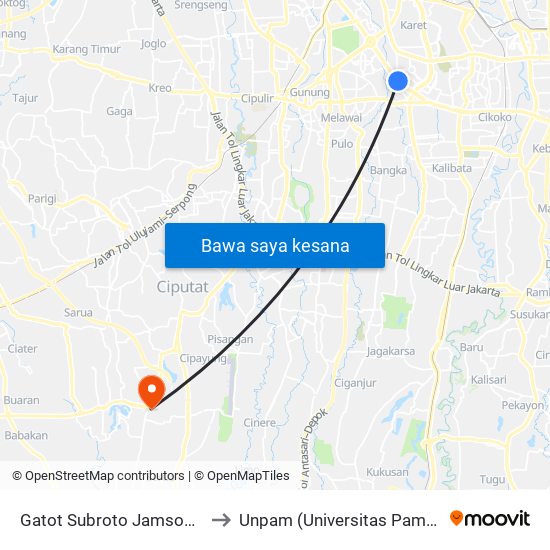 Gatot Subroto Jamsostek 1 to Unpam (Universitas Pamulang) map