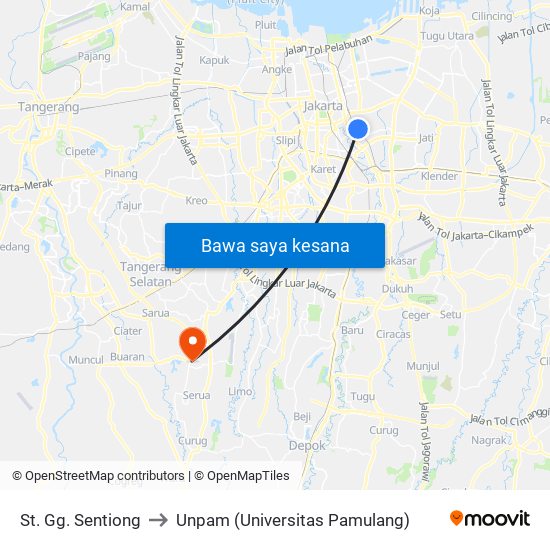 St. Gg. Sentiong to Unpam (Universitas Pamulang) map