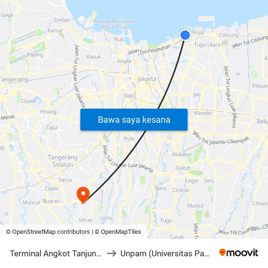 Terminal Tanjung Priok 1 to Unpam (Universitas Pamulang) map