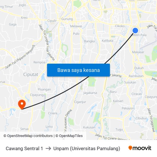 Cawang Sentral 1 to Unpam (Universitas Pamulang) map
