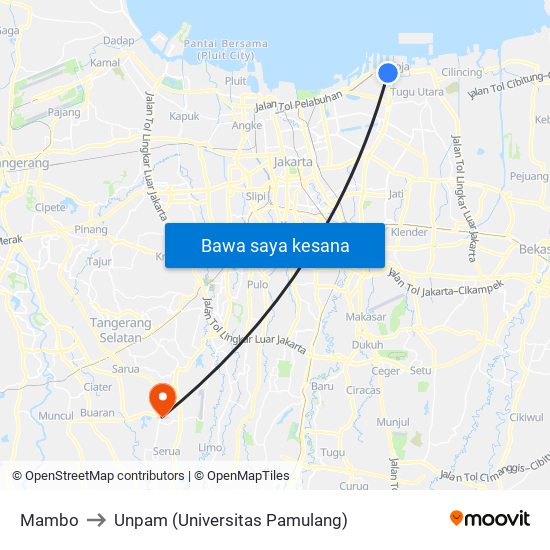 Mambo to Unpam (Universitas Pamulang) map