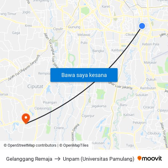 Gelanggang Remaja to Unpam (Universitas Pamulang) map