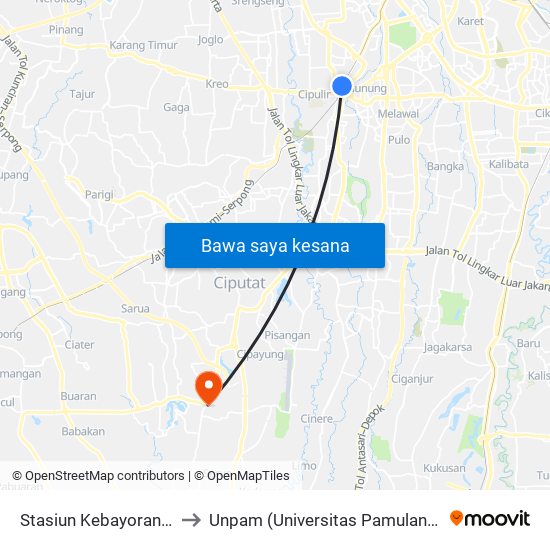 Stasiun Kebayoran 2 to Unpam (Universitas Pamulang) map