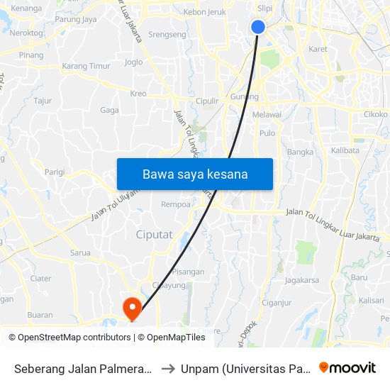 Seberang Jalan Palmerah Utara II to Unpam (Universitas Pamulang) map