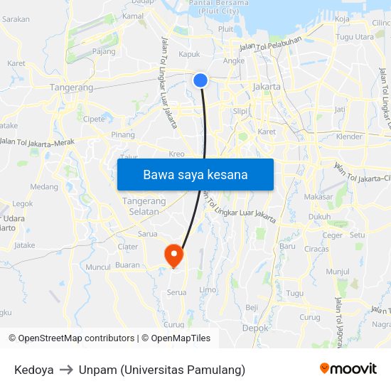 Kedoya to Unpam (Universitas Pamulang) map