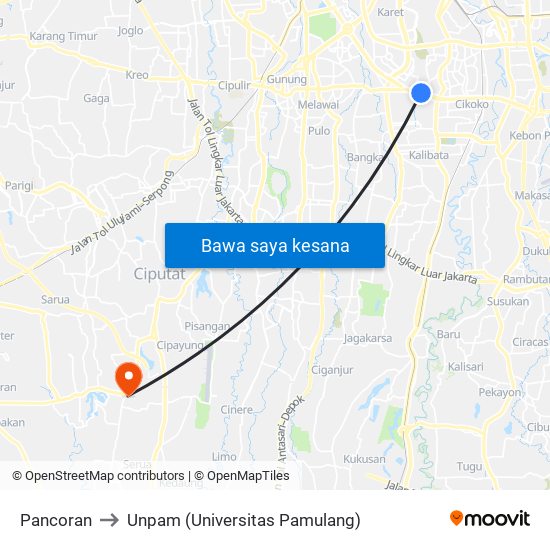 Pancoran to Unpam (Universitas Pamulang) map