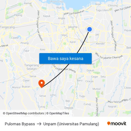 Pulomas Bypass to Unpam (Universitas Pamulang) map