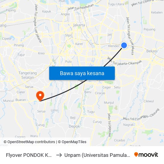 Flyover PONDOK Kopi to Unpam (Universitas Pamulang) map