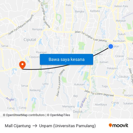 Mall Cijantung to Unpam (Universitas Pamulang) map