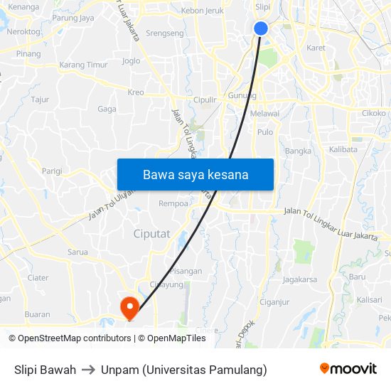 Slipi Bawah to Unpam (Universitas Pamulang) map