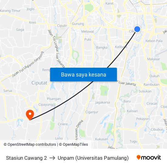 Stasiun Cawang 2 to Unpam (Universitas Pamulang) map