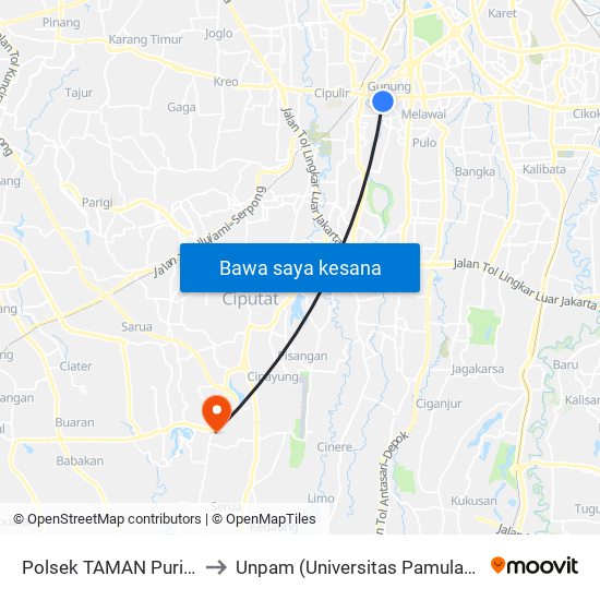 Polsek TAMAN Puring to Unpam (Universitas Pamulang) map