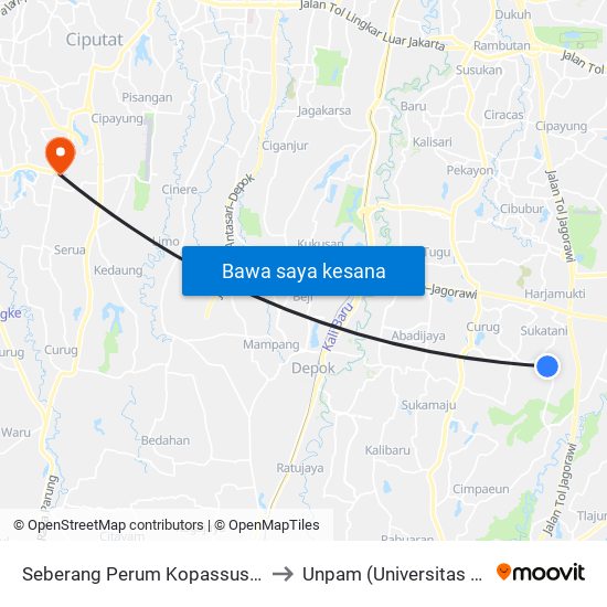 Seberang Perum Kopassus Kedayutama to Unpam (Universitas Pamulang) map