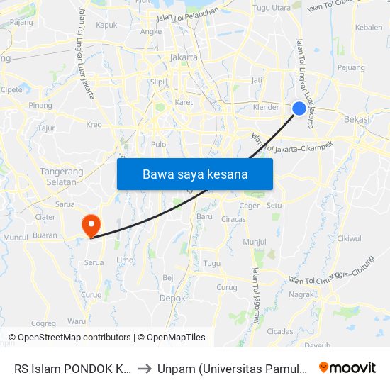 RS Islam PONDOK Kopi to Unpam (Universitas Pamulang) map