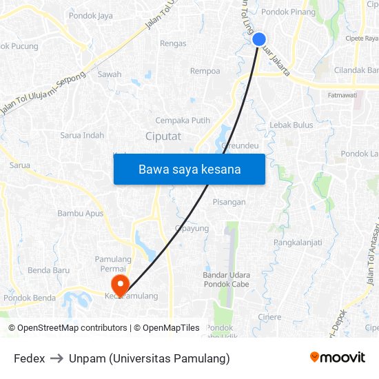 Fedex to Unpam (Universitas Pamulang) map