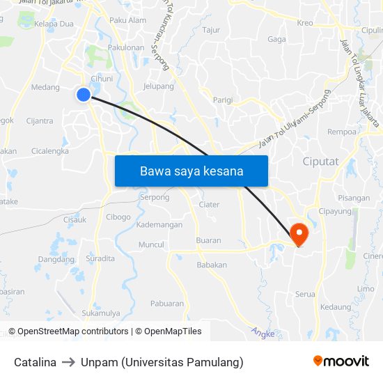 Catalina to Unpam (Universitas Pamulang) map