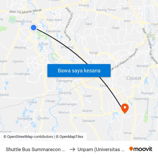 Shuttle Bus Summarecon Mal Serpong to Unpam (Universitas Pamulang) map