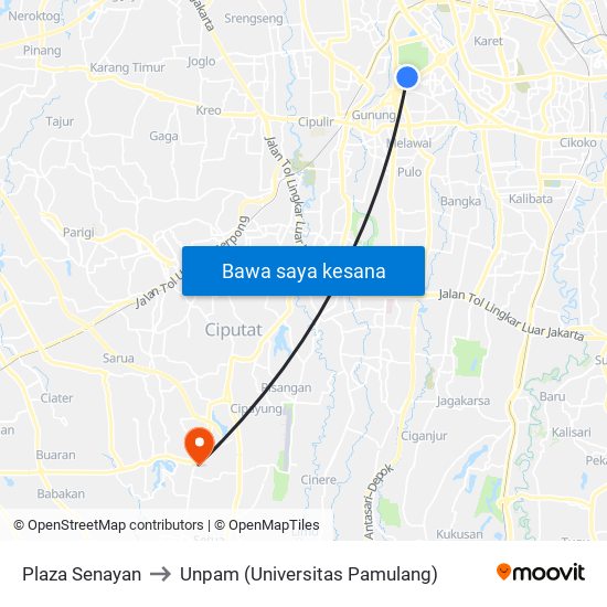 Plaza Senayan to Unpam (Universitas Pamulang) map