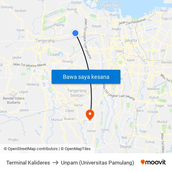 Terminal Kalideres to Unpam (Universitas Pamulang) map