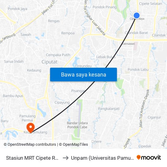 Stasiun MRT Cipete Raya 2 to Unpam (Universitas Pamulang) map