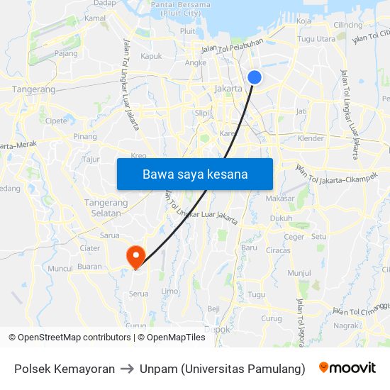Polsek Kemayoran to Unpam (Universitas Pamulang) map