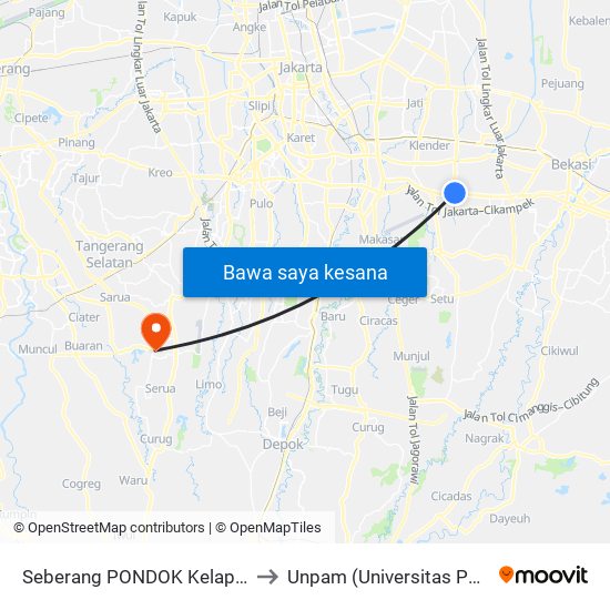 Seberang PONDOK Kelapa Indah 2 to Unpam (Universitas Pamulang) map