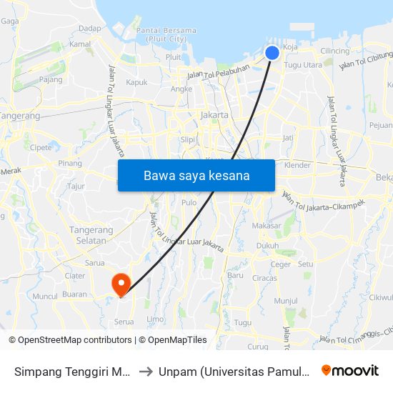 Simpang Tenggiri Muka to Unpam (Universitas Pamulang) map