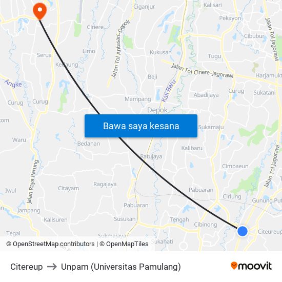 Citereup to Unpam (Universitas Pamulang) map