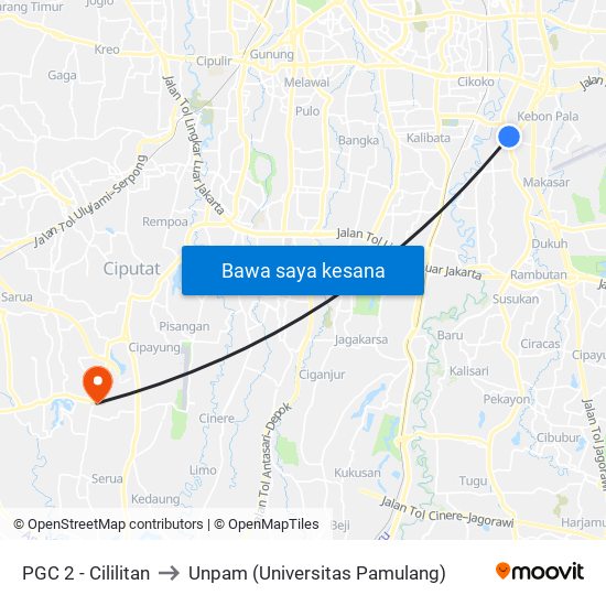 PGC 2 - Cililitan to Unpam (Universitas Pamulang) map