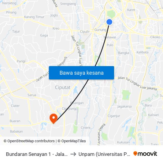 Bundaran Senayan 1 - Jalan Senopati to Unpam (Universitas Pamulang) map