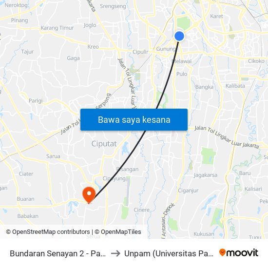 Bundaran Senayan 2 - Panin Bank to Unpam (Universitas Pamulang) map